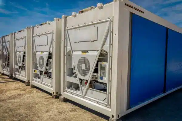 Row of refrigerated reefer containers with cooling units used for intermodal cold chain transport