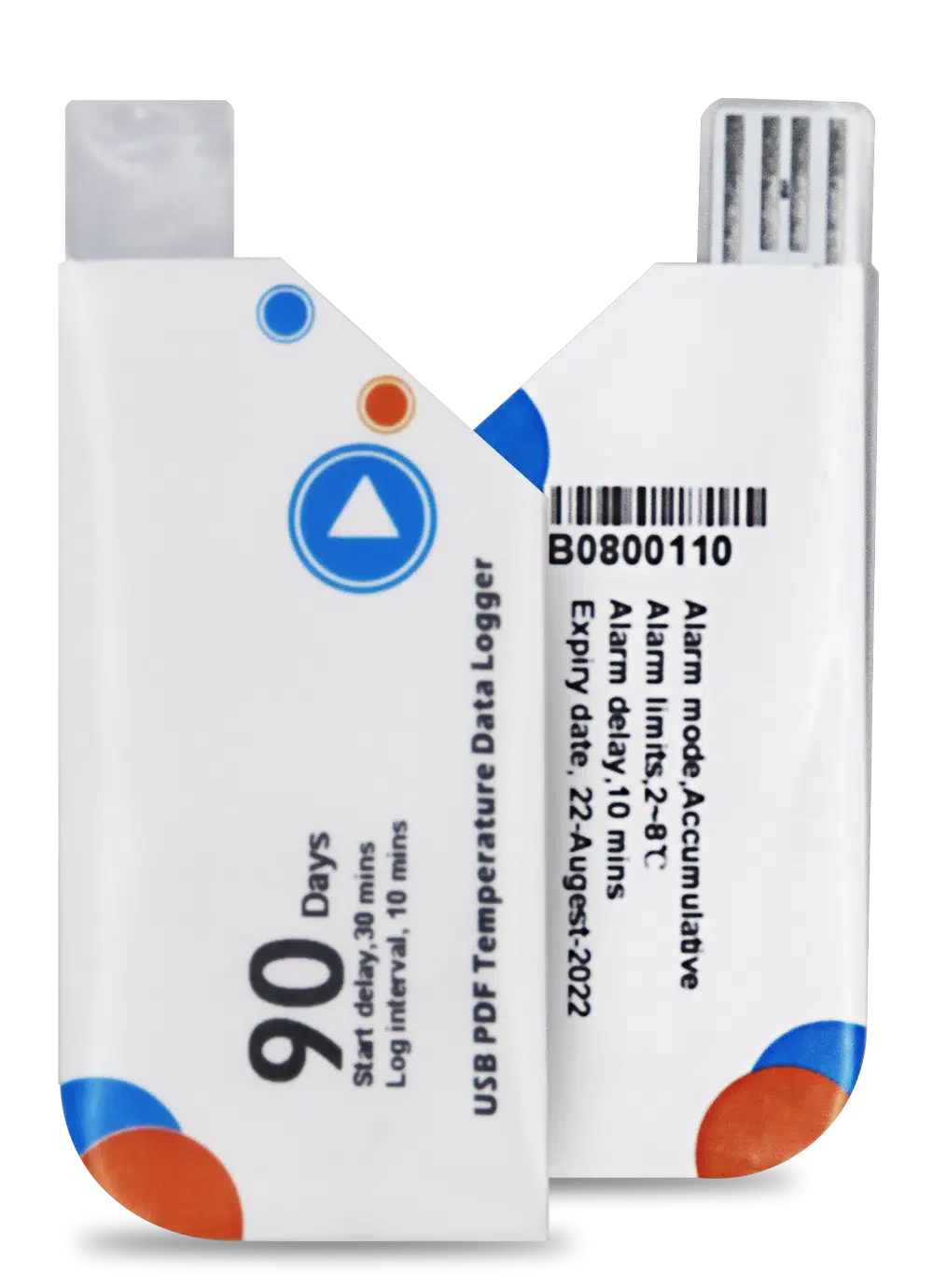 M501 single use USB PDF temperature and humidity data logger with 90 day recording label