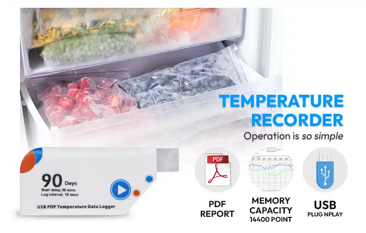 M501 USB PDF temperature recorder placed with frozen fruit and vegetables, showing 90 day recording, PDF report and 14400 point memory