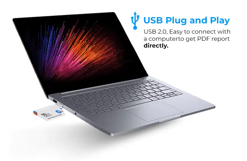 M501 data logger plugged directly into a laptop USB port to generate the encrypted PDF report